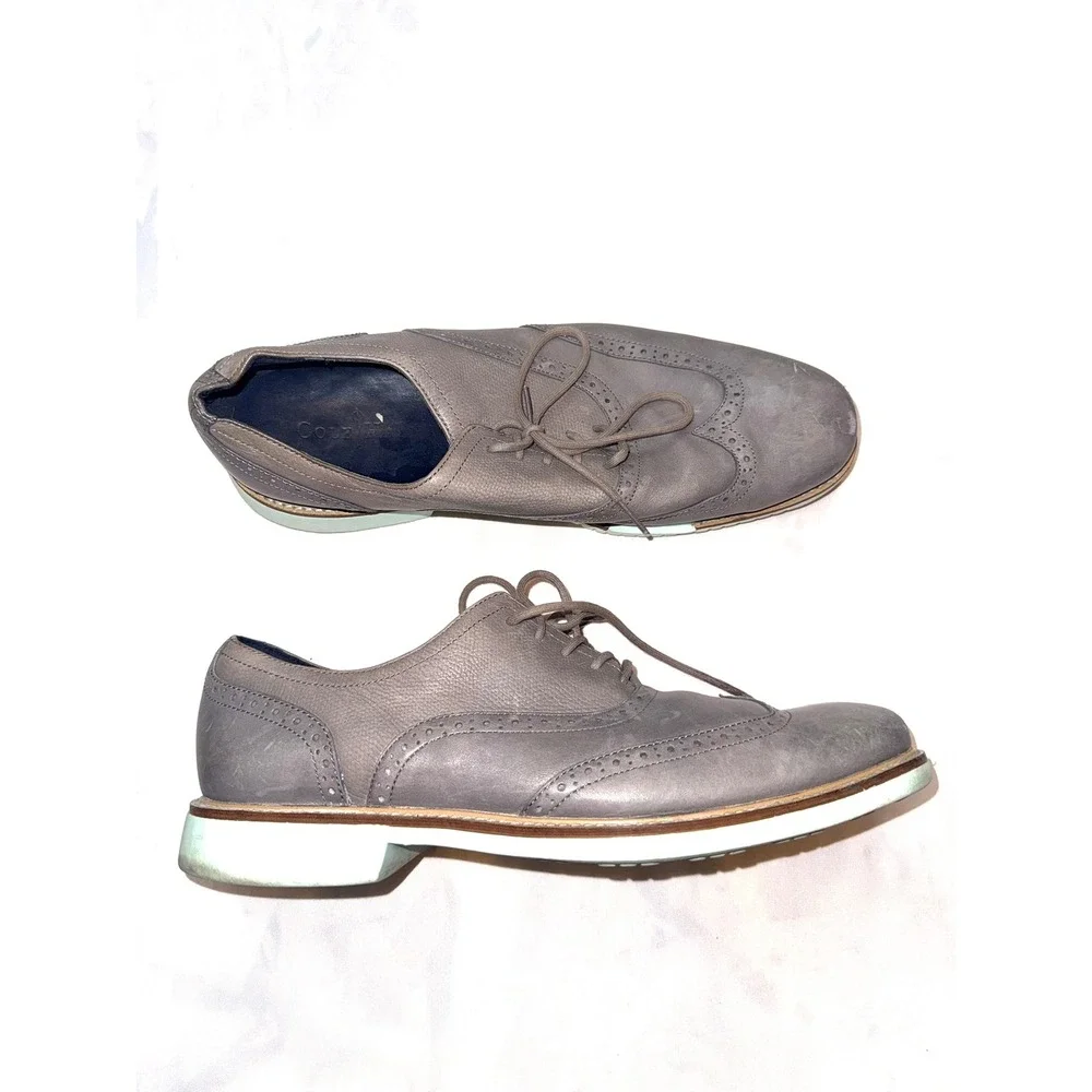 COLE HAAN Mens 12 Gray Leather Mint Green Low Top Lace Up Oxford Dress Shoes #59
